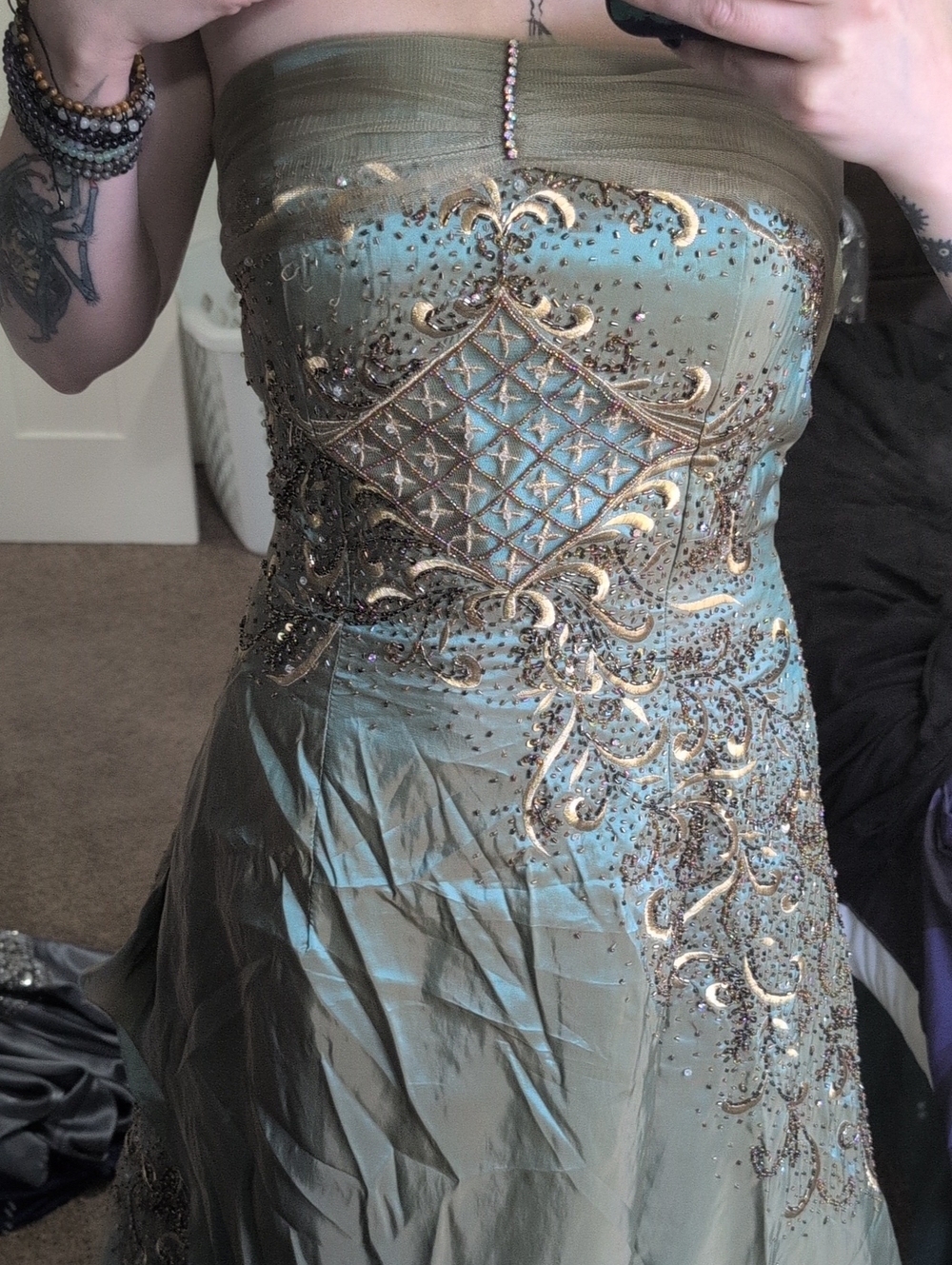 Strapless Embellished Formal Prom Dress, Sage Green w/Gold & Brown Accent Jewels